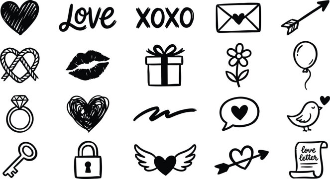 Set of cute hand drawn valentine doodles. Vector sketch icons including heart, lips, key, lock, diamond ring, and love letter for sticker.