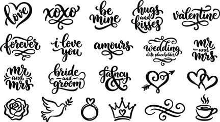 Set of romantic calligraphy phrases and love quotes. Vector hand drawn typography including valentine, wedding, and engagement text for greeting card. © ArtMint