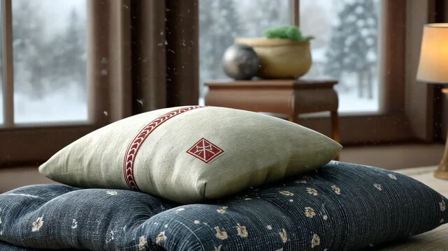 Cozy futon transformation in serene winter ambiance with falling snowflakes