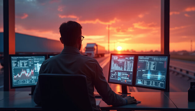 Man monitors computer screens with truck traffic data at sunset. Logistics center worker observes vehicle movement on highway. Supply chain analysis in operational hub. - Powered by Adobe