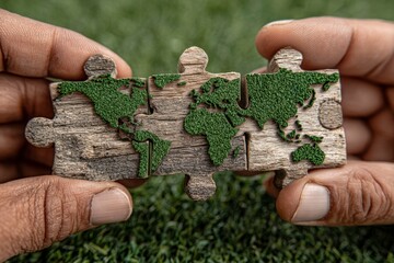 A group of business people holding a wooden puzzle with a green earth symbol on it