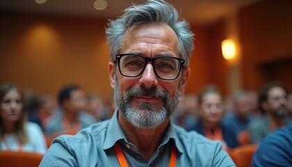 Mature man with glasses and beard sits in audience at conference. He looks at camera with calm, thoughtful expression. People attend business meeting or seminar. This person is engaged.