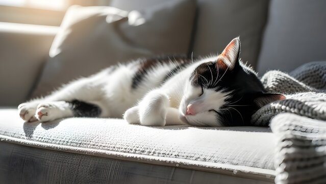 A black and white cat sleeping peacefully on a gray sofa with soft natural light, creating a calm and cozy home atmosphere. - Powered by Adobe