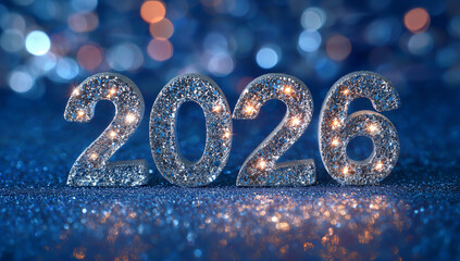 a photograph of the text 2026 written in sparkling golden numbers on a dark peacock background,