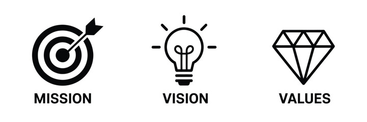 Mission vision values business strategy core principles icons, vector collection representing company goals, corporate objectives, leadership concepts, management frameworks, teamwork, planning © welcome