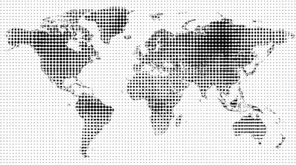 Halftone world map with dot pattern, dotted globe continents graphic, black and white Earth planet, global geography elements, digital simple travel infographics. Vector isolated concept Stock Vector