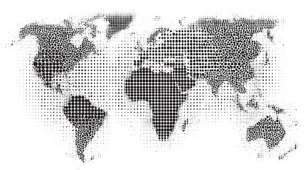 Halftone world map with dot pattern, dotted globe continents graphic, black and white Earth planet, global geography elements, digital simple travel infographics. Vector isolated concept Stock Vector