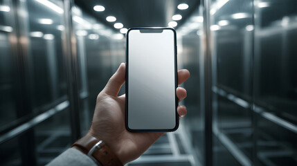 Hand Displaying Phone in Sleek, Reflective Elevator Interior