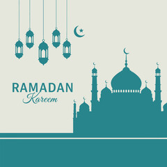 Ramadan kareem greeting with mosque silhouette and lanterns