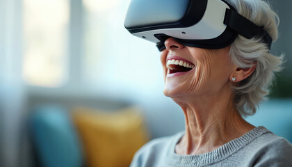 Elderly woman laughs while using VR headset at home. Senior enjoys virtual reality gaming, experiencing joy and immersion. Old lady plays digital games for fun and leisure.