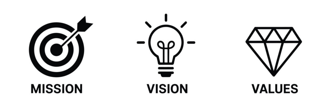 Mission vision values business strategy core principles icons, vector collection representing company goals, corporate objectives, leadership concepts, management frameworks, teamwork, planning