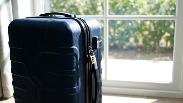 A sleek blue suitcase stands near a sunlit window, ready for travel with greenery outside