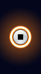 3D vector illustration of a round power button icon with a glowing light symbol on a black background for computer and web design