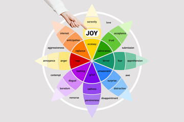 Emotion joy on the wheel of emotions. Female hand points to the word joy. Isolated background