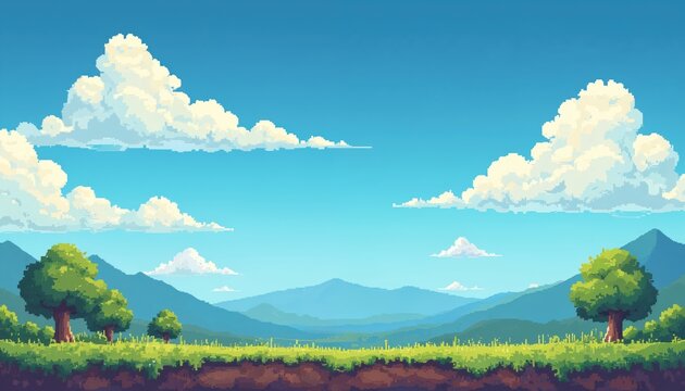 Retro pixel art landscape with rolling green hills, blue sky and fluffy clouds. Trees dot the grassy terrain with distant mountains under daylight.