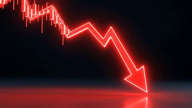Abstract Glowing Red Arrow Indicating Downward Trend Over Dark Blue Background With Soft Reflection