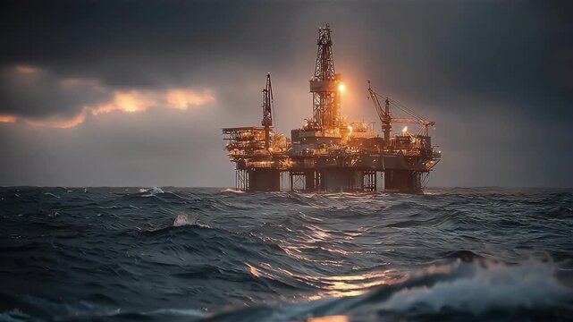 A dramatic offshore oil rig stands tall against a stormy sky, illuminated by bright lights amidst crashing waves