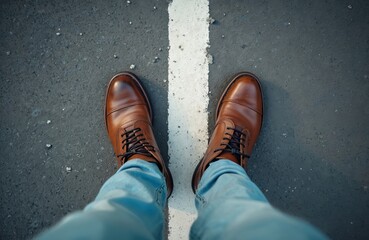 Man in brown shoes and jeans stands on pavement beside white dividing line. Represents choice, direction, and personal journey. Symbolizes crossroads, decisions, and path forward.