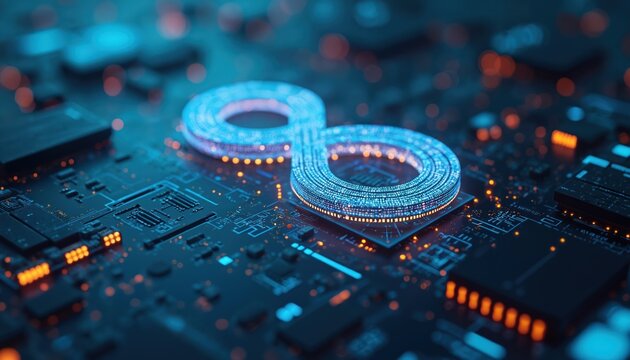 Abstract digital circuit board with glowing infinity symbol made of data. Blue and orange lights on dark motherboard, represents connectivity, technology, and infinite data.