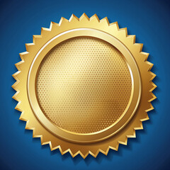 Golden medal with serrated sunburst outline on blue background