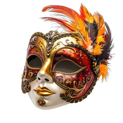An ornate Venetian masquerade mask featuring rich red, gold, and vibrant orange feathers against a black background.
