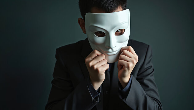 Man in suit hides face with white mask. Person pretends to be someone else. Illusion of fake identity. Concealing true self. Deception and mistrust in relationships.