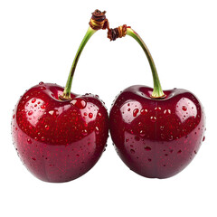 A close-up studio shot of two ripe, dew-covered cherries touching stems on a solid black background.