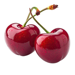A close-up studio shot of two fresh, glossy dark red cherries on a stark black background.