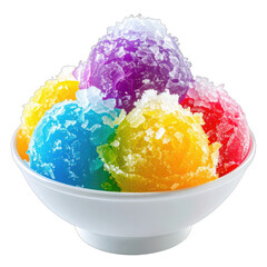 A vibrant mound of rainbow-colored shaved ice in a white bowl against a black background.