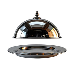 Polished chrome cloche and serving plate floating against a deep black background.