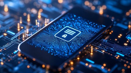 A smartphone with a digital security icon on its screen rests on a circuit board with glowing orange lights