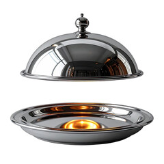 A highly polished silver cloche and serving platter floating against a stark black background.