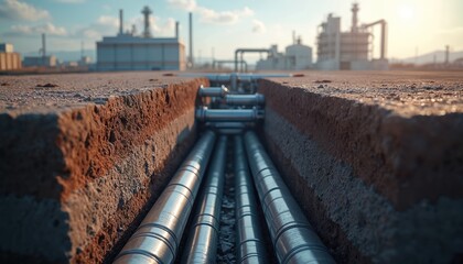 Metal pipes buried in ground trench. Industrial plant in background. Energy resource transport system. Construction, engineering, and infrastructure detail.