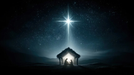 Baby Jesus in manger on Christmas Eve under starry night sky with glowing star of Bethlehem and peaceful nativity scene.