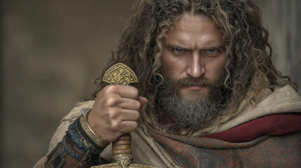 Portrait of biblical hero with humble expression and simple ancient attire radiating quiet faith and inner strength.