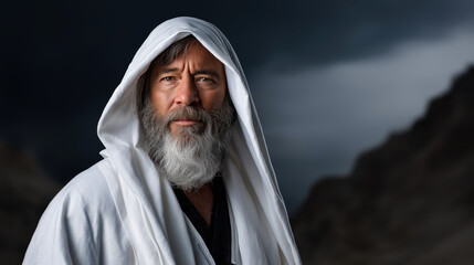 Portrait of biblical male hero with humble expression simple ancient attire radiating quiet faith and inner strength.