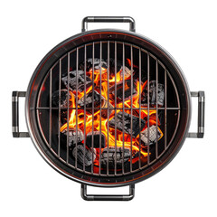 A top-down view of a charcoal grill with glowing embers and bright flames against a black background.