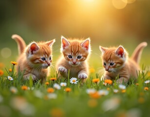 Three ginger kittens play among small wildflowers in soft golden hour light. Young cats explore green grass, curious and playful. Cute domestic pets learn about outdoors in garden.