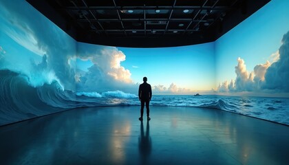 Man watches huge ocean wave projection in immersive digital art Interactive installation shows stormy sea and calm seascape with ship. Future tech display.