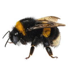 A highly detailed macro photograph of a fuzzy bumblebee isolated against a pure black background.