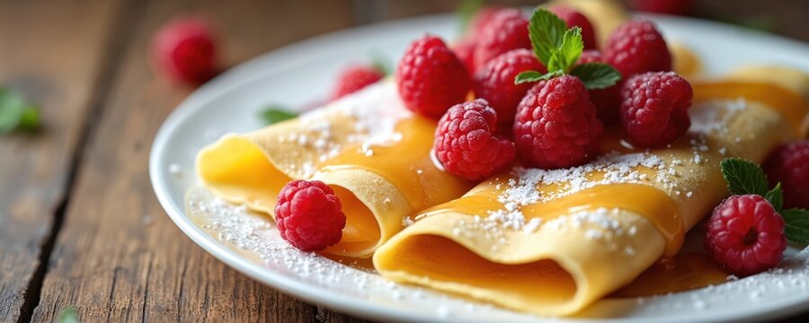 Thin crepes with fresh raspberries and honey syrup dusted with powdered sugar. Served on white plate with mint leaf garnish on rustic wooden table.