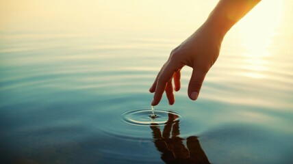 Serene Touch: A single hand gently caresses the surface of still water, creating delicate ripples under the soft glow of sunlight, evoking feelings of peace, serenity, and connection with nature.