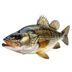 A close-up studio photograph of a striking largemouth bass against a solid black background.