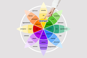 Emotion ecstasy. Wheel of emotions. Female hand points to the word ecstasy