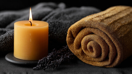 Aromatherapy spa table with essential oils, diffuser, and candles creating peaceful wellness atmosphere with soft warm lighting