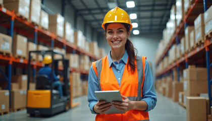 Warehouse manager with tablet checks inventory. Woman in hard hat and safety vest smiles. Forklift operates in background of tall shelves with boxes.
