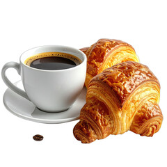 A freshly brewed cup of coffee sits beside two golden, flaky croissants on a black background.
