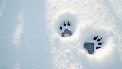 Animal paw prints impressed into fresh white snow. Animal tracks show distinct toes and pads. Winter scene with clear animal trace on frozen ground.