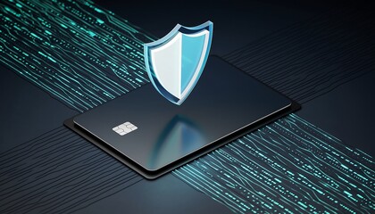 A glowing digital shield hovers protectively over a sleek black credit card emphasized by streams of binary code