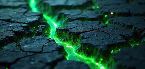 Cracked dark earth surface with bright green glowing liquid flowing through fissures. Abstract texture shows arid ground with internal energy. Natural landscape with bright energy.